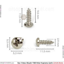 Sac Vidası Orta 10 Adet YSB (2,9x9,5 mm) Parlak Gümüş - Tual Hobi Sanat (1)