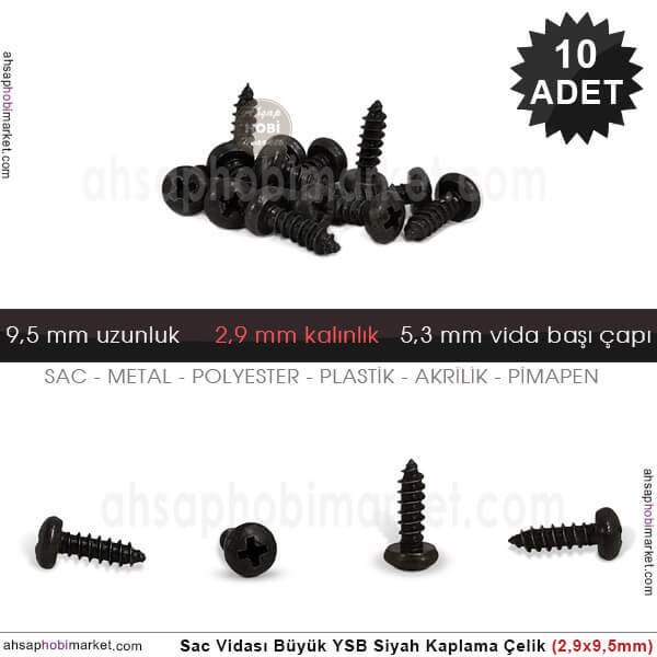 Sac Vidası Orta 10 Adet YSB (2,9x9,5 mm) Siyah - 1