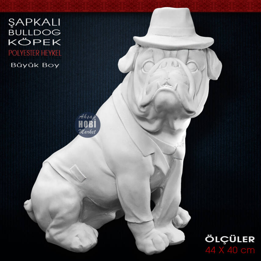 Şapkalı Bulldog Köpek Heykeli Dev Boy (44x40 cm) Ham Polyester - 1