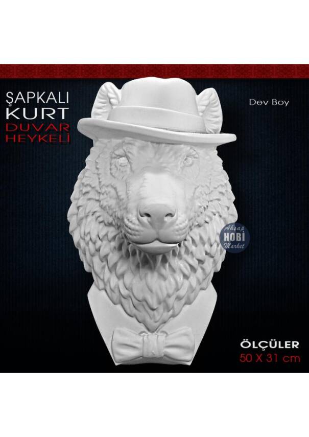 Şapkalı Kurt Dev Duvar Heykeli (50x31 cm) Ham Polyester - 1