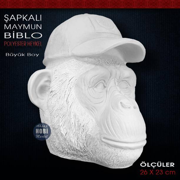 Şapkalı Maymun Kafası Heykeli (26x23 cm) Ham Polyester - 2