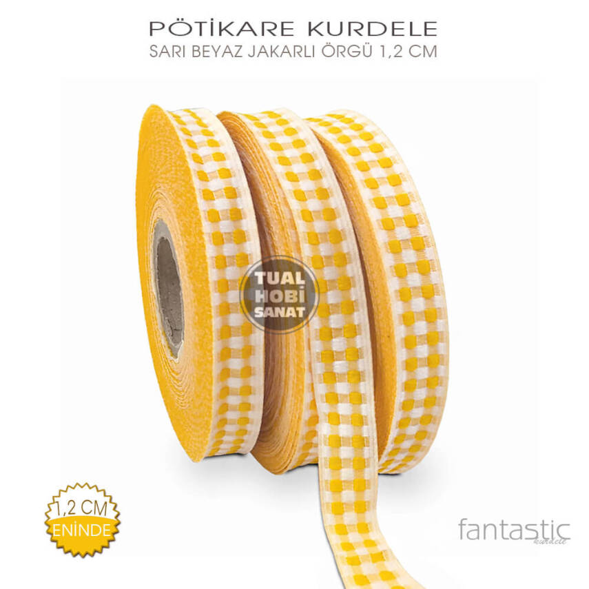 Sarı Beyaz Pötikare Jakarlı Kurdele (Genişlik 1,2 cm) 1 Metre - 1