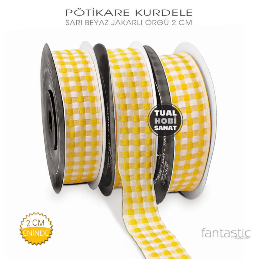 Sarı Beyaz Pötikare Jakarlı Kurdele (Genişlik 2 cm) 1 Metre - 1