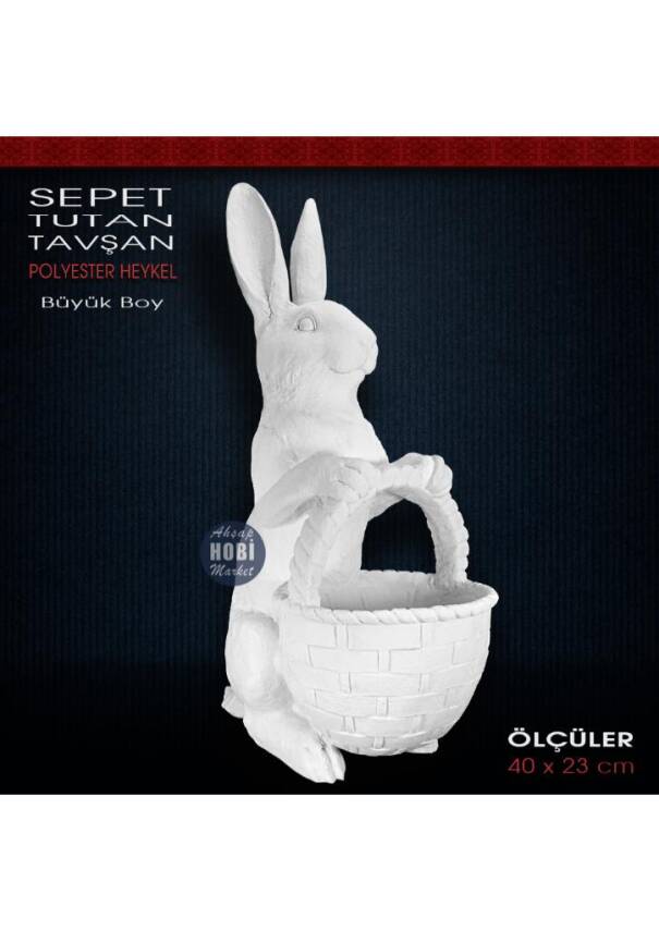 Sepet Tutan Tavşan Heykeli Büyük (40x23cm) Ham Polyester - 1