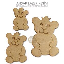 Sevimli Ayıcık Figürleri Seti (3 Parça) Ahşap Lazer Kesim - Tual Hobi Sanat