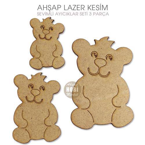 Sevimli Ayıcık Figürleri Seti (3 Parça) Ahşap Lazer Kesim - 1