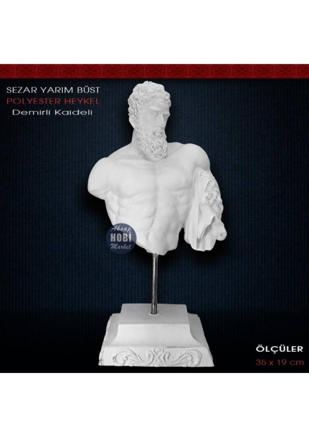 Sezar Yarım Büst Heykeli Kaideli (35x19cm) Ham Polyester - 2