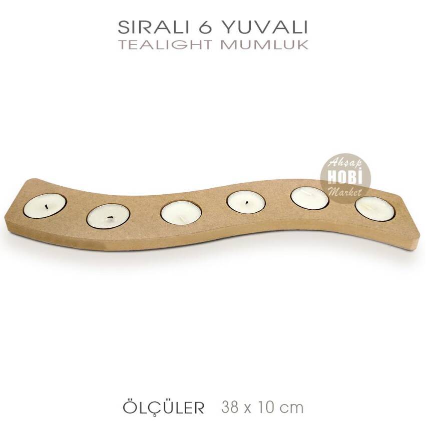 Sıralı 6 Yuvalı Tealight Mumluk (38x10 cm) Ham Ahşap - 1