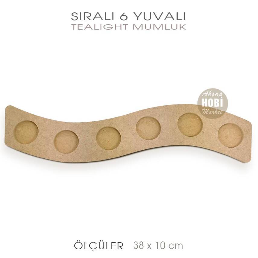 Sıralı 6 Yuvalı Tealight Mumluk (38x10 cm) Ham Ahşap - 2