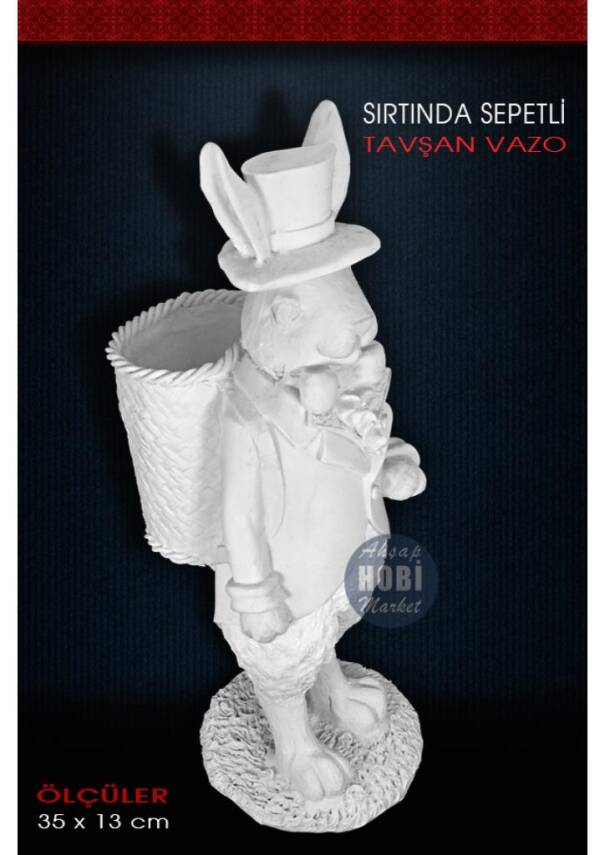 Sırtında Sepetli Tavşan Vazo (35x13cm) Ham Polyester - 1