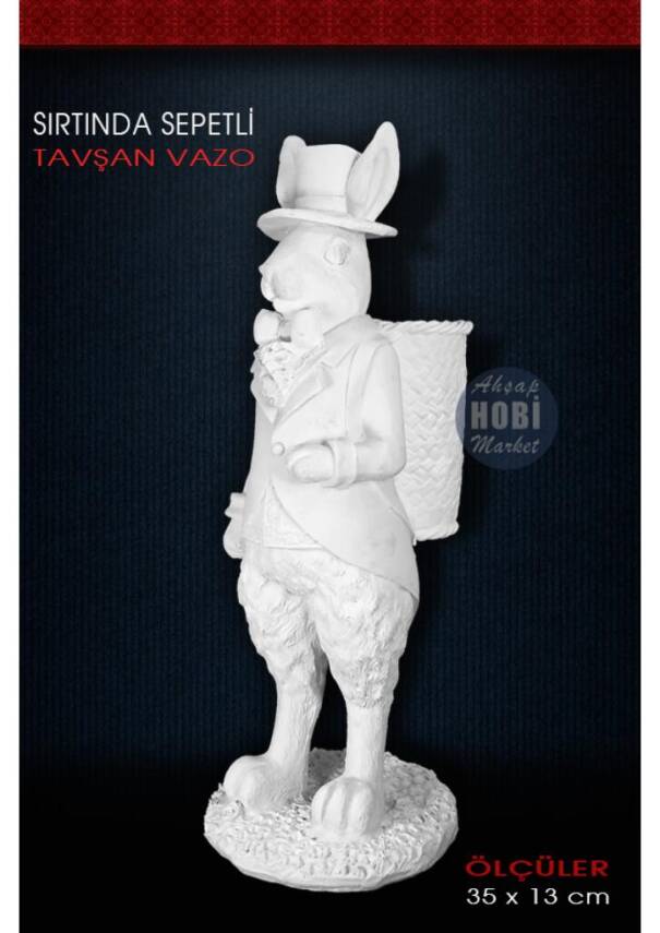 Sırtında Sepetli Tavşan Vazo (35x13cm) Ham Polyester - 2