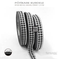 Siyah Beyaz Pötikare Jakarlı Kurdele (Genişlik 1,2 cm) 1 Metre - Tual Hobi Sanat