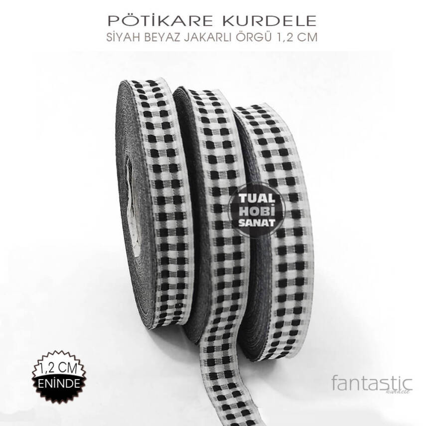 Siyah Beyaz Pötikare Jakarlı Kurdele (Genişlik 1,2 cm) 1 Metre - 1