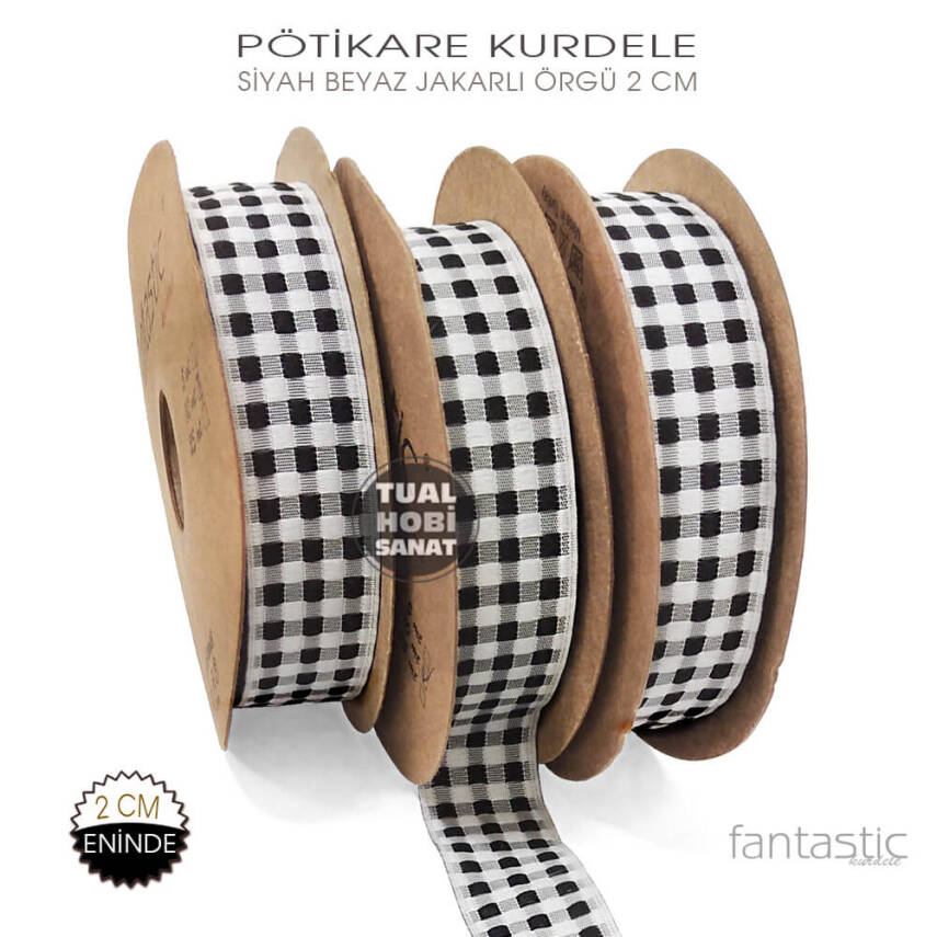 Siyah Beyaz Pötikare Jakarlı Kurdele (Genişlik 2 cm) 1 Metre - 1