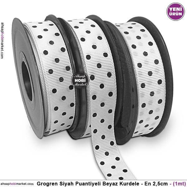 Siyah Beyaz Puantiyeli Jakarlı Kurdele (Genişlik 2 cm) 1 Metre - 1
