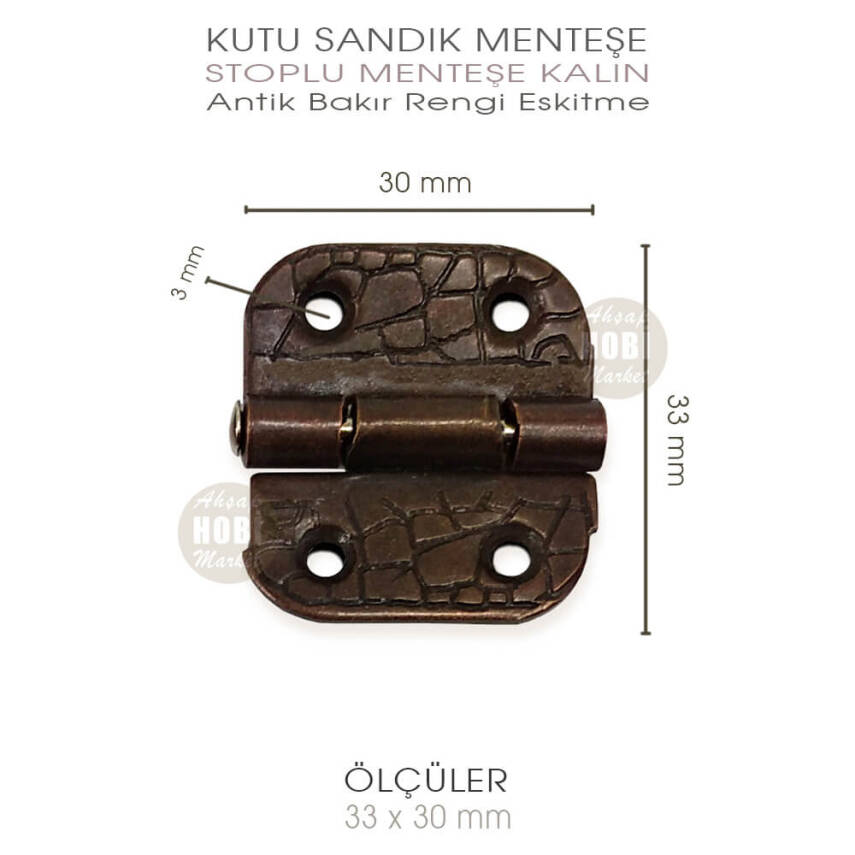 Stoplu Menteşe Antik Bakır Kalın (33x30 mm) Eskitme - 3