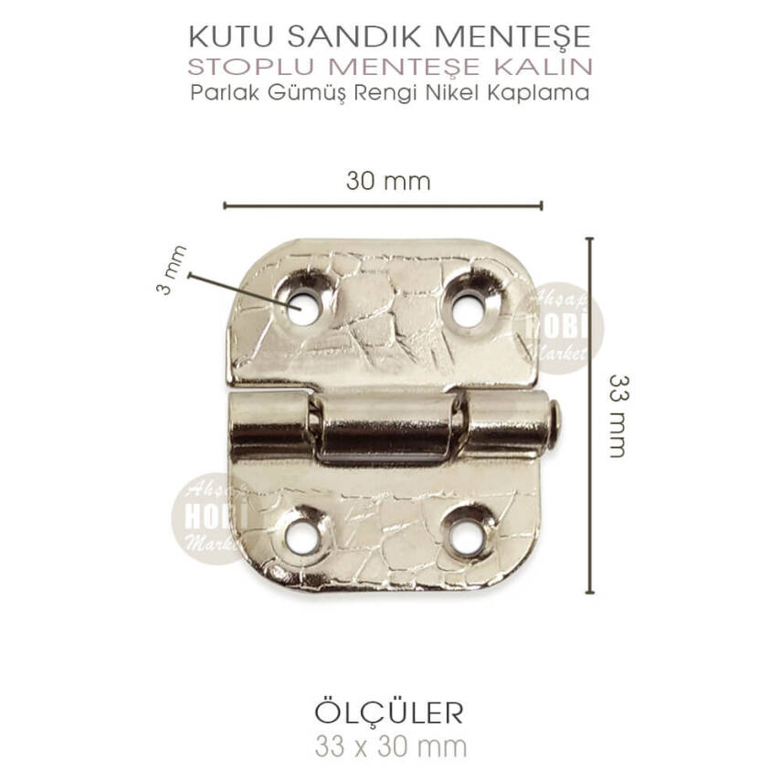 Stoplu Menteşe Gümüş Renk Kalın (33x30 mm) Nikel Kaplama - 3
