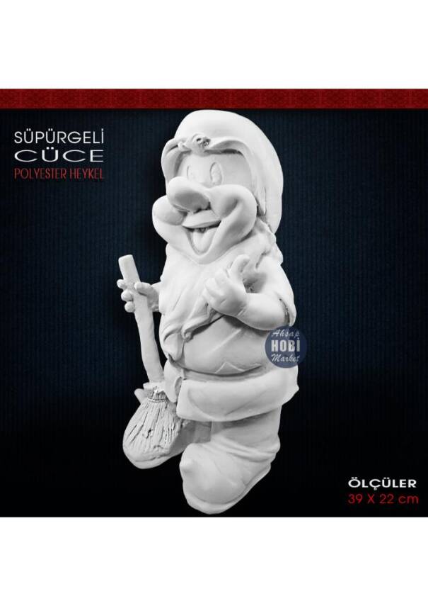 Süpürgeli Cüce Heykeli (39x22 cm) Ham Polyester - 2