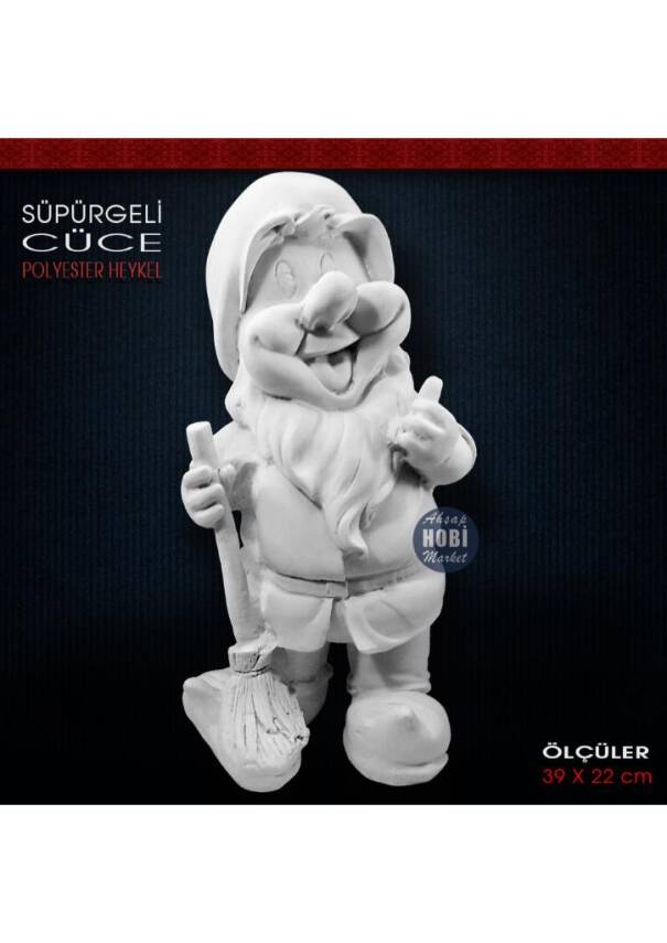 Süpürgeli Cüce Heykeli (39x22 cm) Ham Polyester - 1