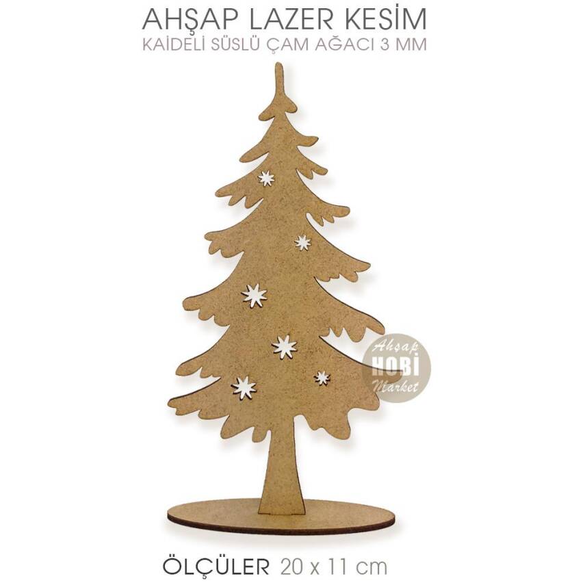 Süslü Çam Ağacı Yılbaşı Süsü (20x11 cm) Ahşap Lazer Kesim - 1