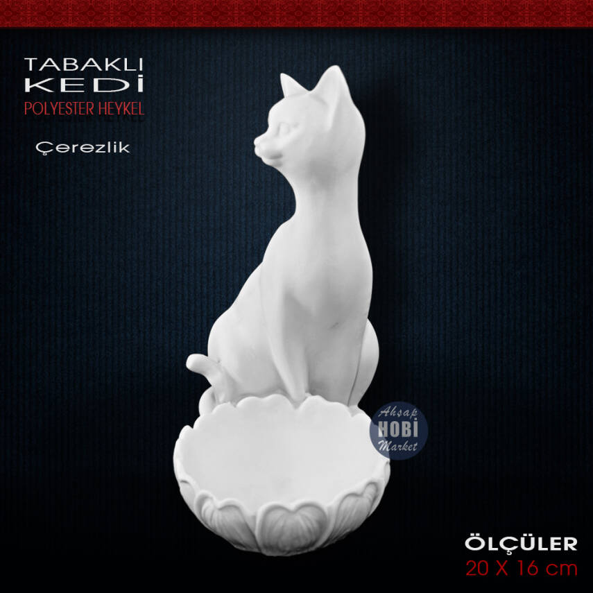 Tabaklı Kedi Biblo Çerezlik (20x16 cm) Ham Polyester - 2