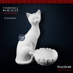 Tabaklı Kedi Biblo Çerezlik (20x16 cm) Ham Polyester - Tual Hobi Sanat