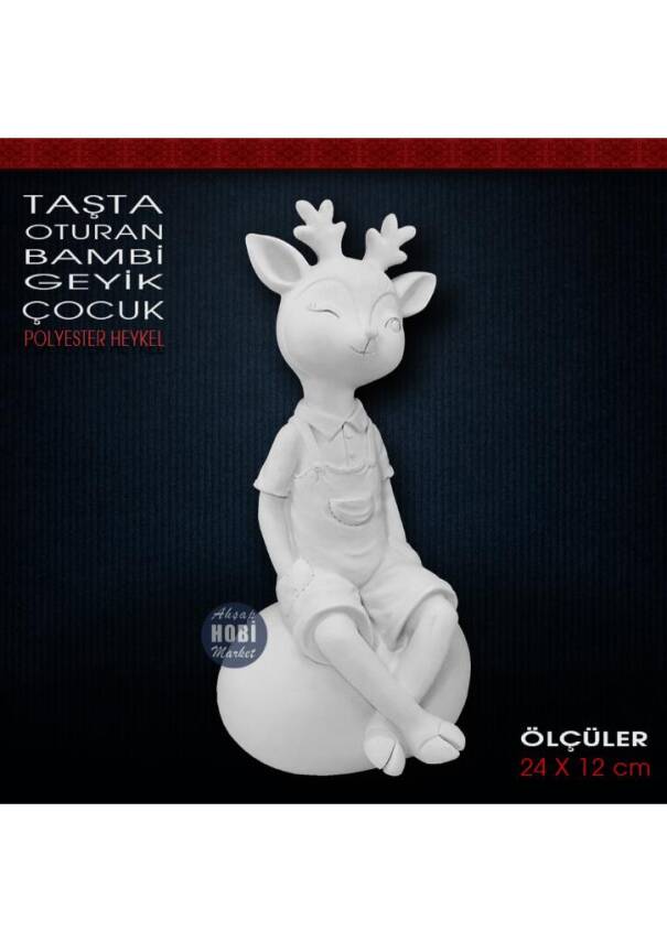 Taşta Oturan Bambi Geyik Erkek Biblo (24x12 cm) Ham Polyester - 1