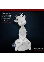 Taşta Oturan Bambi Geyik Kız Biblo (24x12 cm) Ham Polyester - Tual Hobi Sanat