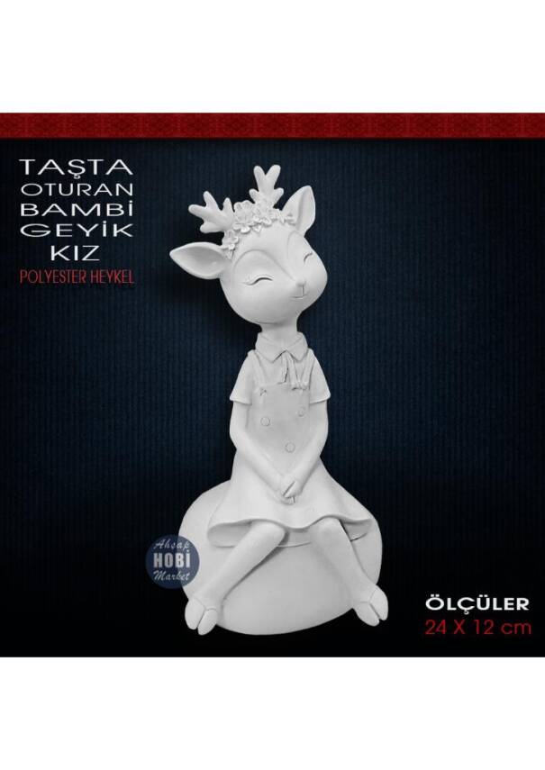 Taşta Oturan Bambi Geyik Kız Biblo (24x12 cm) Ham Polyester - 1