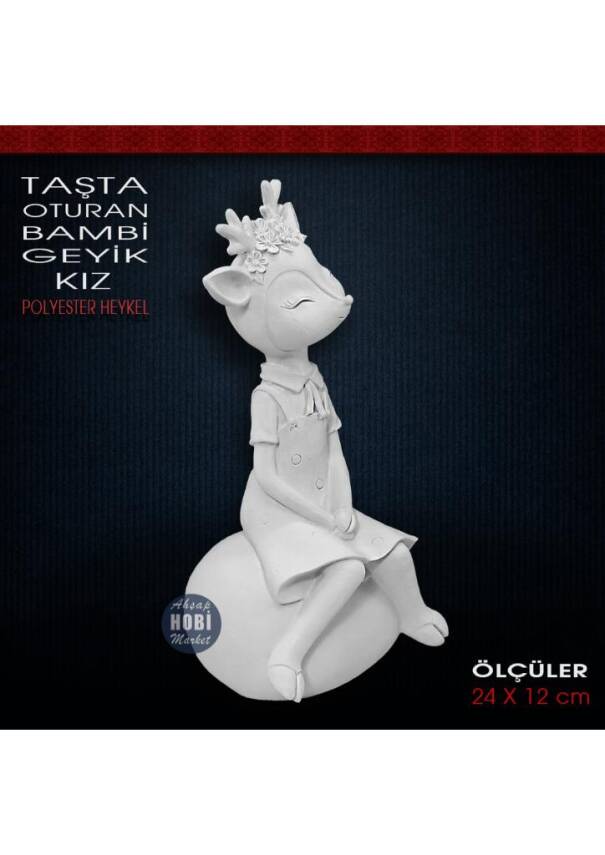 Taşta Oturan Bambi Geyik Kız Biblo (24x12 cm) Ham Polyester - 2