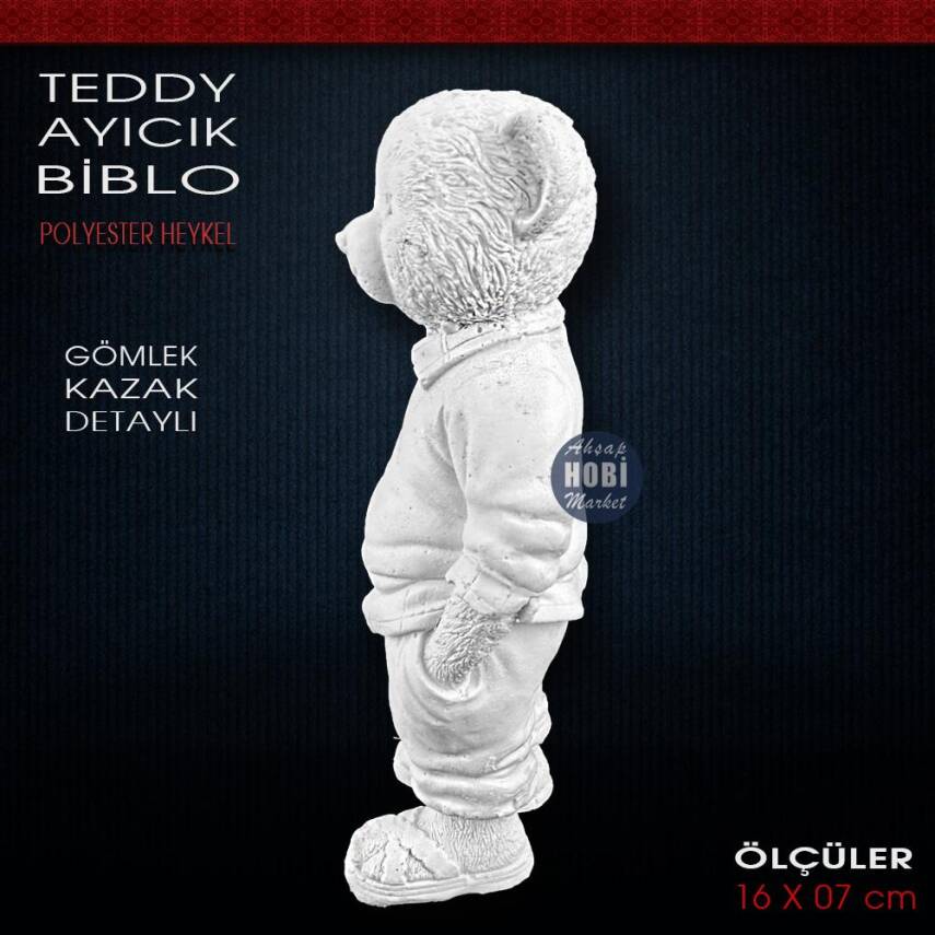 Teddy Ayıcık Biblo Heykel Gömlek Kazak Detaylı (16x7 cm) Ham Polyester - 2