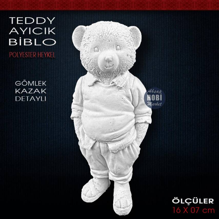 Teddy Ayıcık Biblo Heykel Gömlek Kazak Detaylı (16x7 cm) Ham Polyester - 1