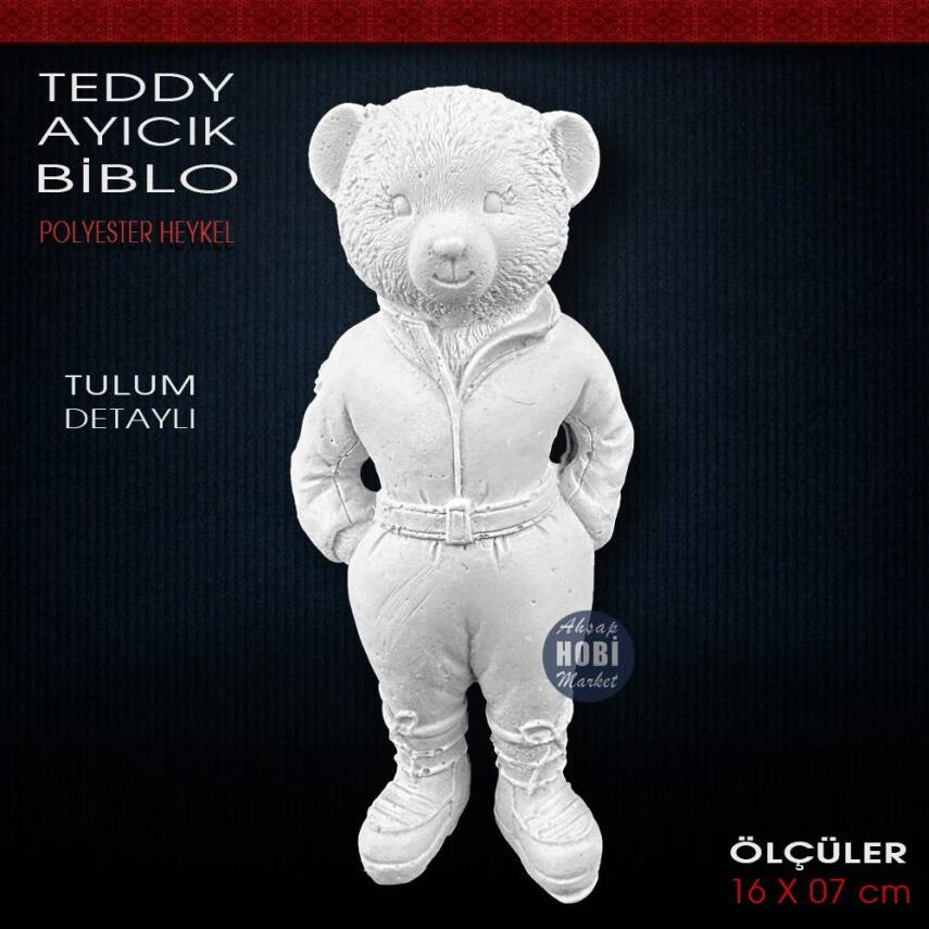 Teddy Ayıcık Biblo Heykel Tulum Detaylı (16x7 cm) Ham Polyester - 1