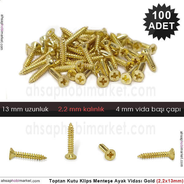 Toptan Klips Menteşe Ayak Vidası 100 Adet (2,2x13 mm) Parlak Gold - 1