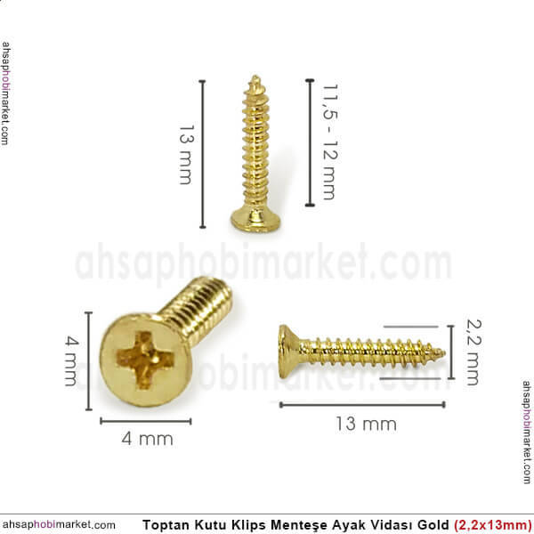 Toptan Klips Menteşe Ayak Vidası 100 Adet (2,2x13 mm) Parlak Gold - 2
