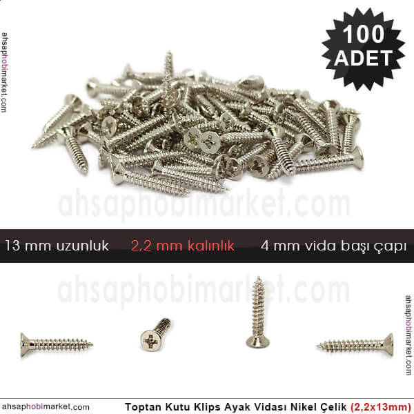 Toptan Klips Menteşe Ayak Vidası 100 Adet (2,2x13 mm) Parlak Gümüş - 1