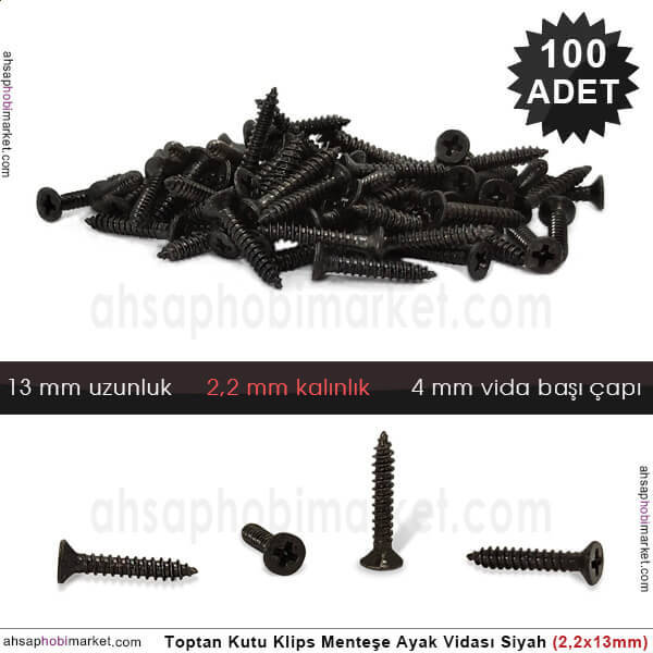 Toptan Klips Menteşe Ayak Vidası 100 Adet (2,2x13 mm) Siyah - 1