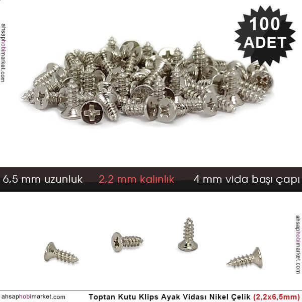 Toptan Klips Menteşe Ayak Vidası 100 Adet (2,2x6,5 mm) Parlak Gümüş - 1
