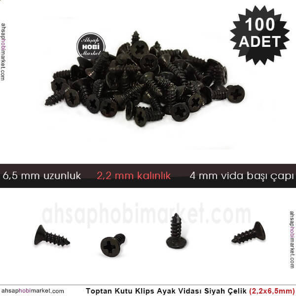 Toptan Klips Menteşe Ayak Vidası 100 Adet (2,2x6,5 mm) Siyah - 1