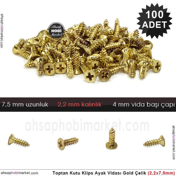 Toptan Klips Menteşe Ayak Vidası 100 Adet (2,2x7,5 mm) Parlak Gold - 1