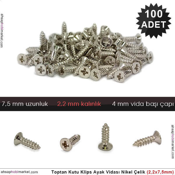 Toptan Klips Menteşe Ayak Vidası 100 Adet (2,2x7,5 mm) Parlak Gümüş - 1