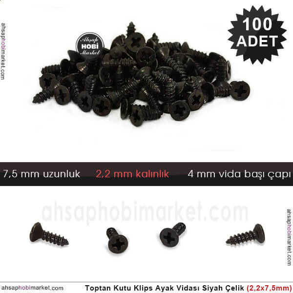 Toptan Klips Menteşe Ayak Vidası 100 Adet (2,2x7,5 mm) Siyah - 1