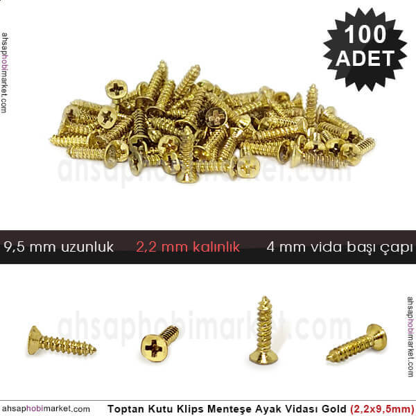 Toptan Klips Menteşe Ayak Vidası 100 Adet (2,2x9,5 mm) Parlak Gold - 1