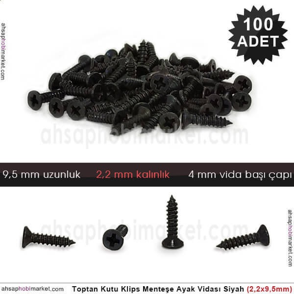 Toptan Klips Menteşe Ayak Vidası 100 Adet (2,2x9,5 mm) Siyah - 1