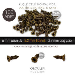 Toptan Klips Menteşe Ayak Vidası 100 Adet (2,3x6 mm) Antik Bakır - Tual Hobi Sanat