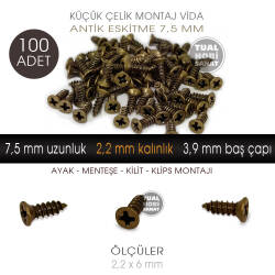 Toptan Klips Menteşe Ayak Vidası 100 Adet (2,3x7,5 mm) Antik Bakır - Tual Hobi Sanat