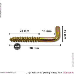 Toptan L Vida Kanca Korniş Vidası No 4 (38x16 mm) 100 Adet Janjanlı Sarı - Tual Hobi Sanat (1)