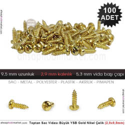Toptan Sac Vidası Orta 100 Adet YSB (2,9x9,5 mm) Parlak Gold - Tual Hobi Sanat