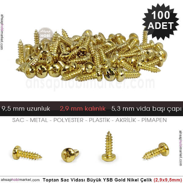 Toptan Sac Vidası Orta 100 Adet YSB (2,9x9,5 mm) Parlak Gold - 1