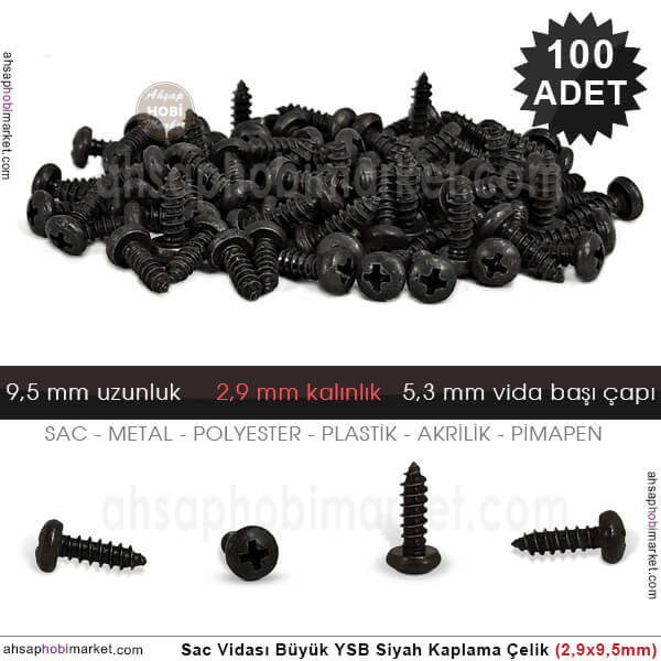 Toptan Sac Vidası Orta 100 Adet YSB (2,9x9,5 mm) Siyah - 1
